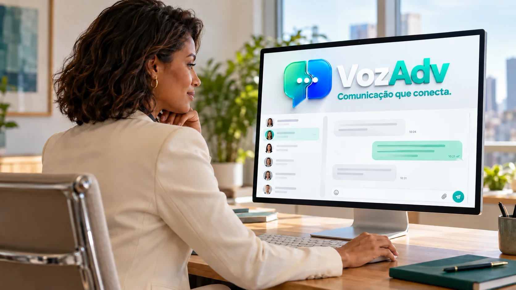 Advogada na mesa do escritório usando o VozAdv no monitor, com a lista de clientes e uma conversa aberta.